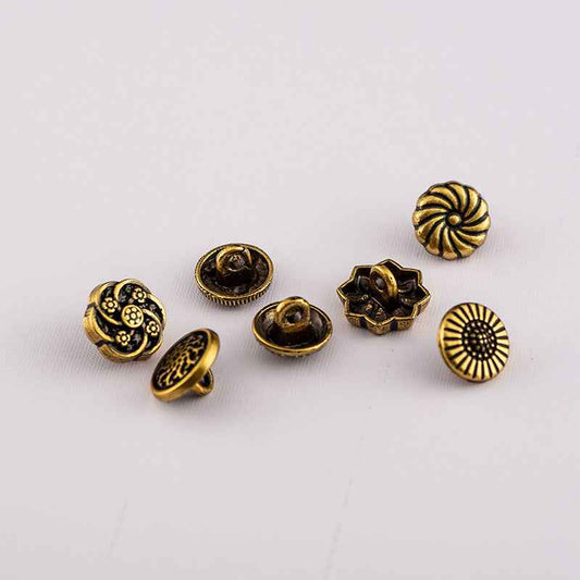 Antique bronze 10mm shirt buttons: fan and flower motifs, 70 pcs
