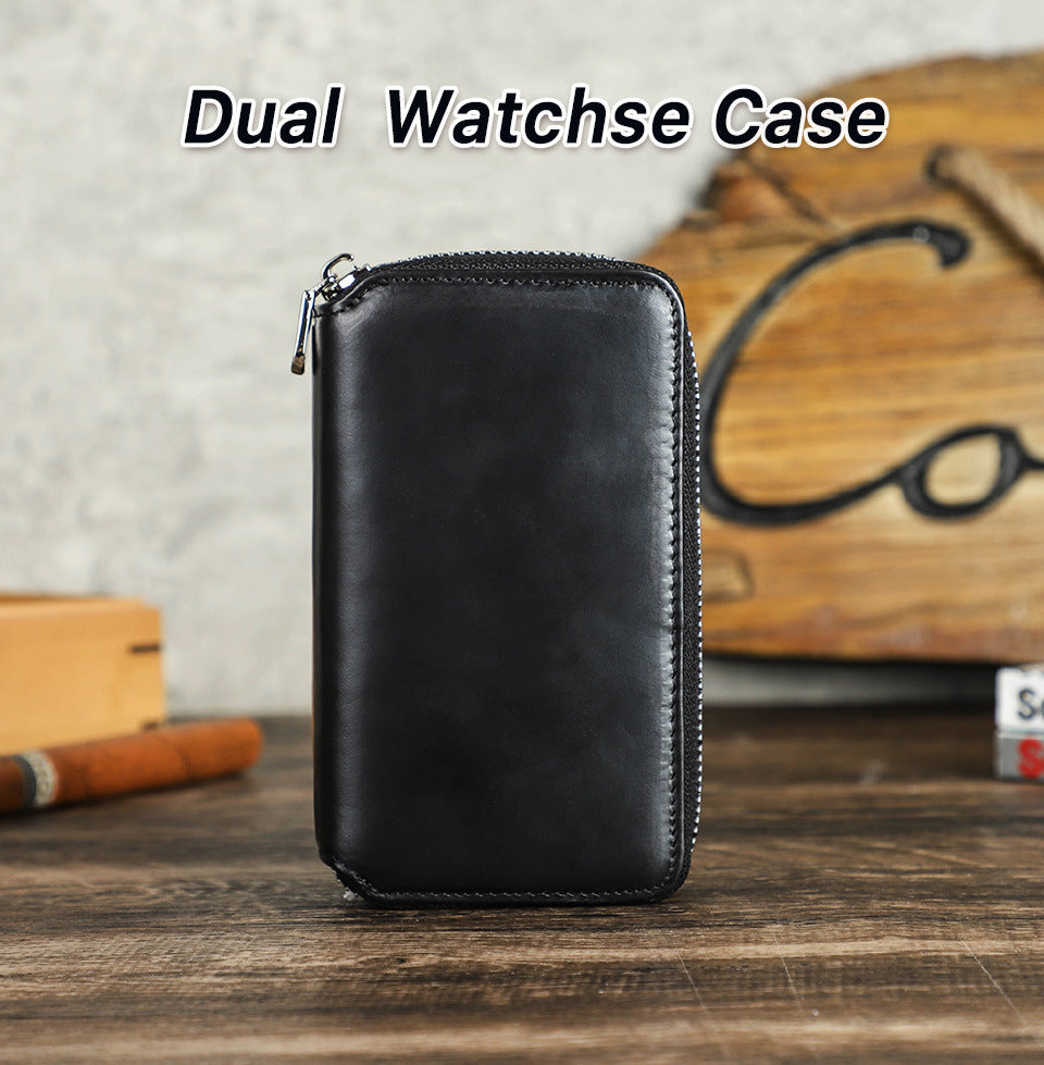 2-Slot Oil Wax Leather Watch Pouch – Slim Zip Travel Case for Couples