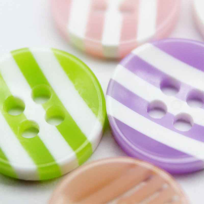Striped resin 4-hole buttons, lime green and purple with white bands