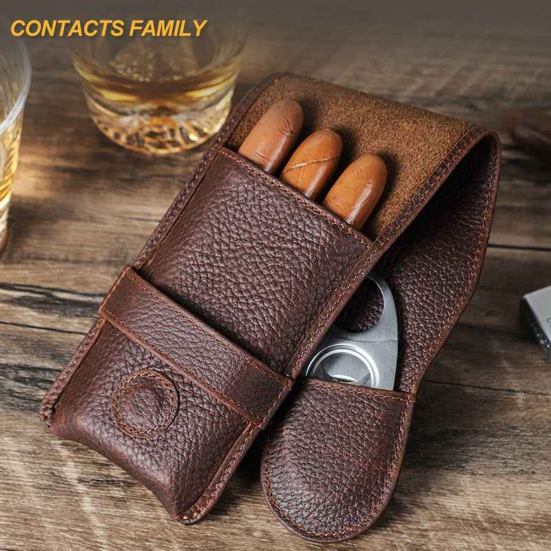 Full Grain Leather Portable 3 Cigars Case with Cigar Cutter Slot