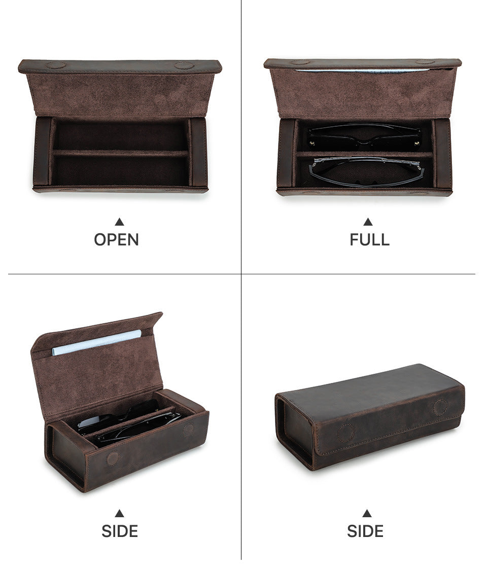 2-Slot Vintage Crazy Horse Leather Glasses Case Eyewear Storage Box