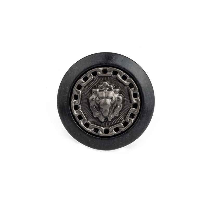 Black round lion resin-metal button, silver lion crest, metal shank detail