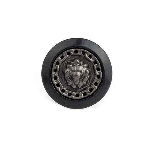 Black round lion resin-metal button, silver lion crest, metal shank detail