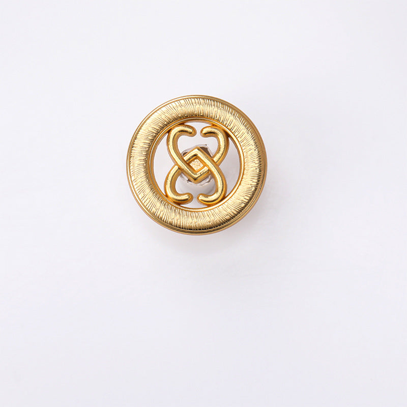 Gold round double-heart hollow cutout metal shank button, front view