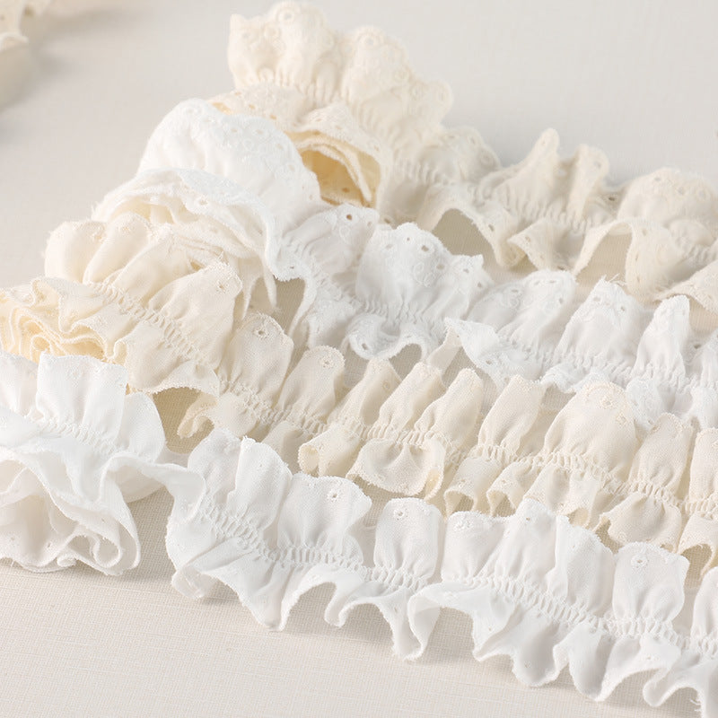 White cotton pleated lace trim, layered 3D ruffles with tiny eyelet details, double-sided