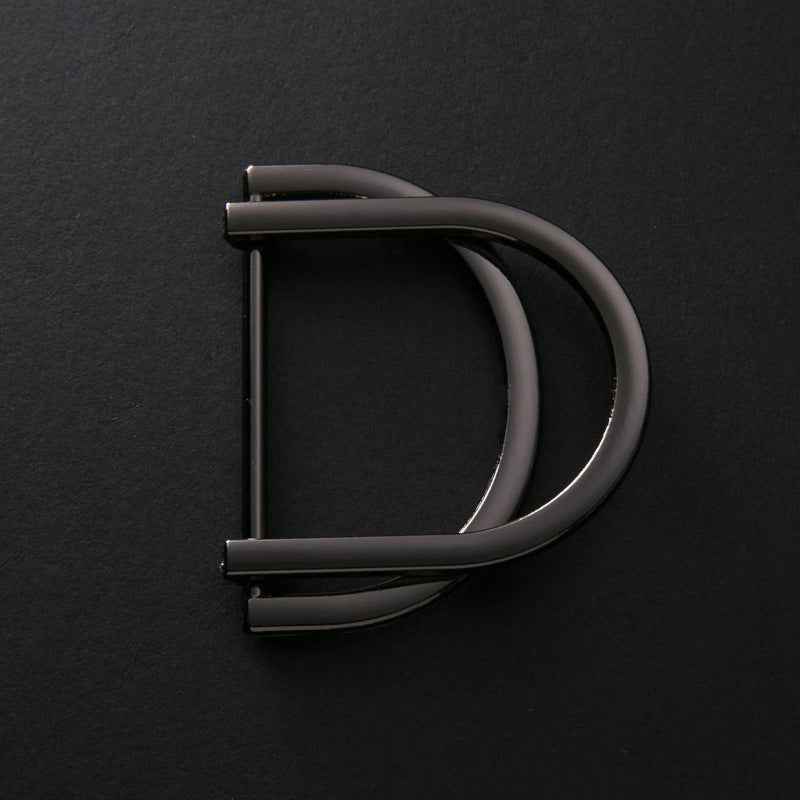 Dark gray double D-ring buckle, curved bar and side loops for belt fastening