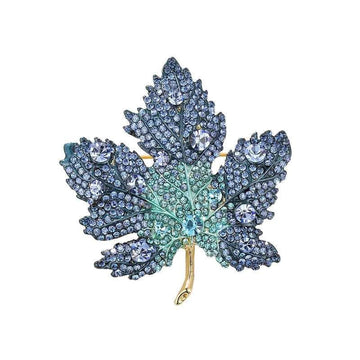 Blue maple leaf brooch pin with diamond-accent rhinestones and gold-toned back clasp