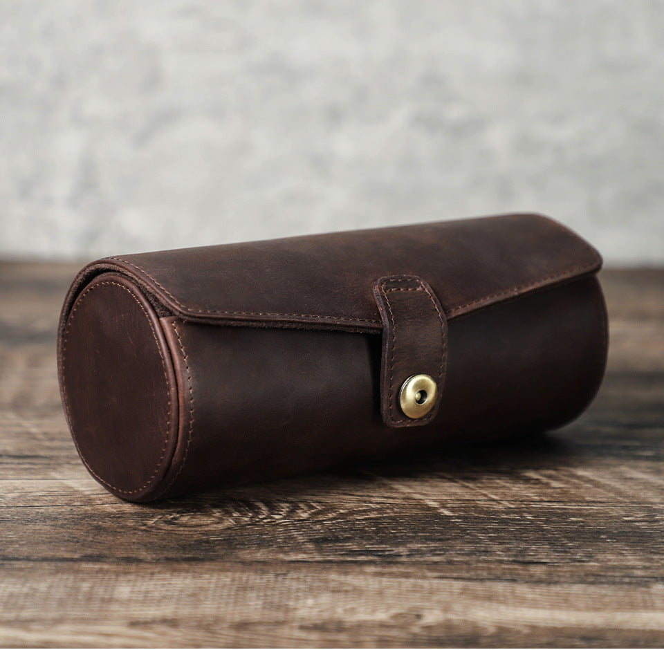 Vintage Leather 2-Slot Cylindrical Watch Button Box Case