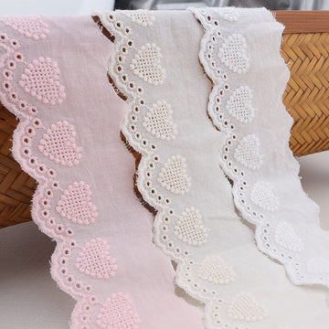 Cotton lace trim with hollow heart embroidery, pink and white scalloped edges