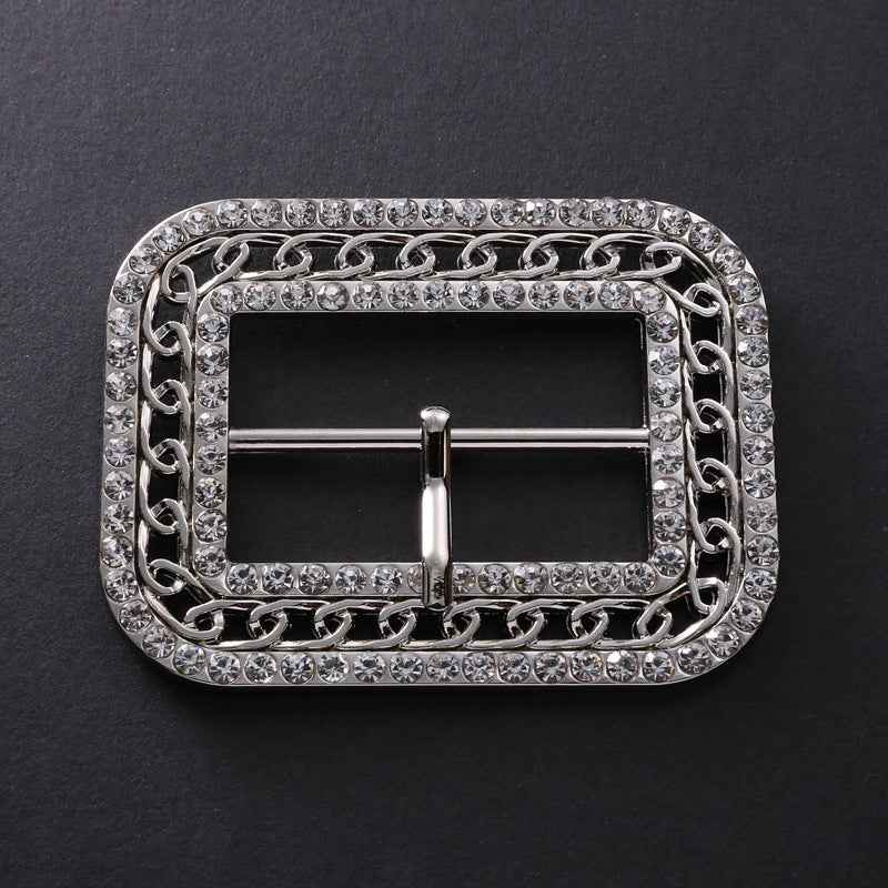 Crystal coat clasp with pin closure, silver-tone buckle with chain links and clear stones