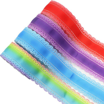 30mm lace gradient ribbon, ribbed striped design in red/purple/blue/green hues