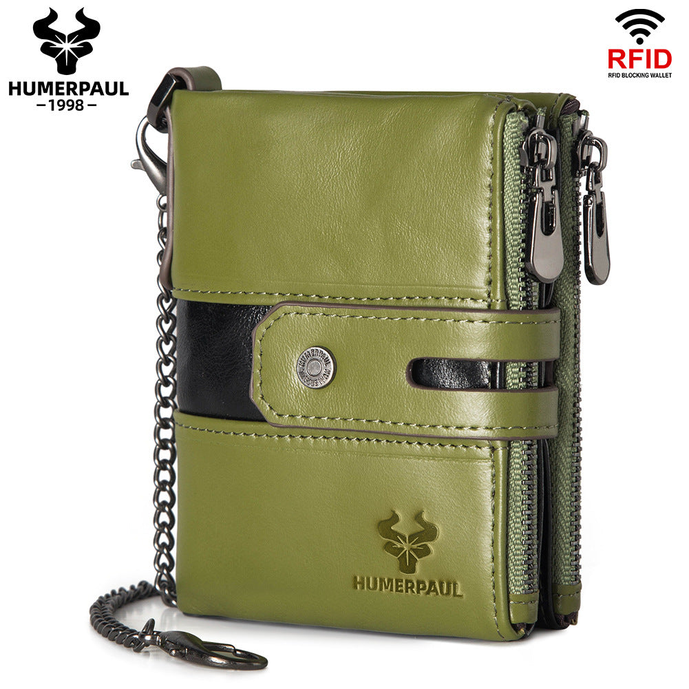 Men's Retro Leather Wallet,Double Zipper Green