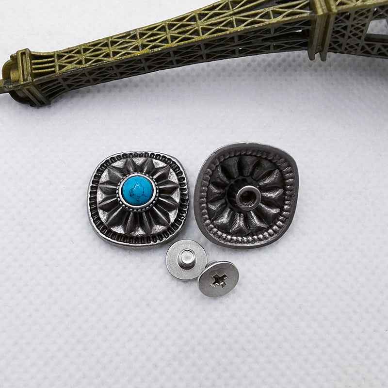 Turquoise chrysanthemum screw stud front and backing with threaded post, silver-tone
