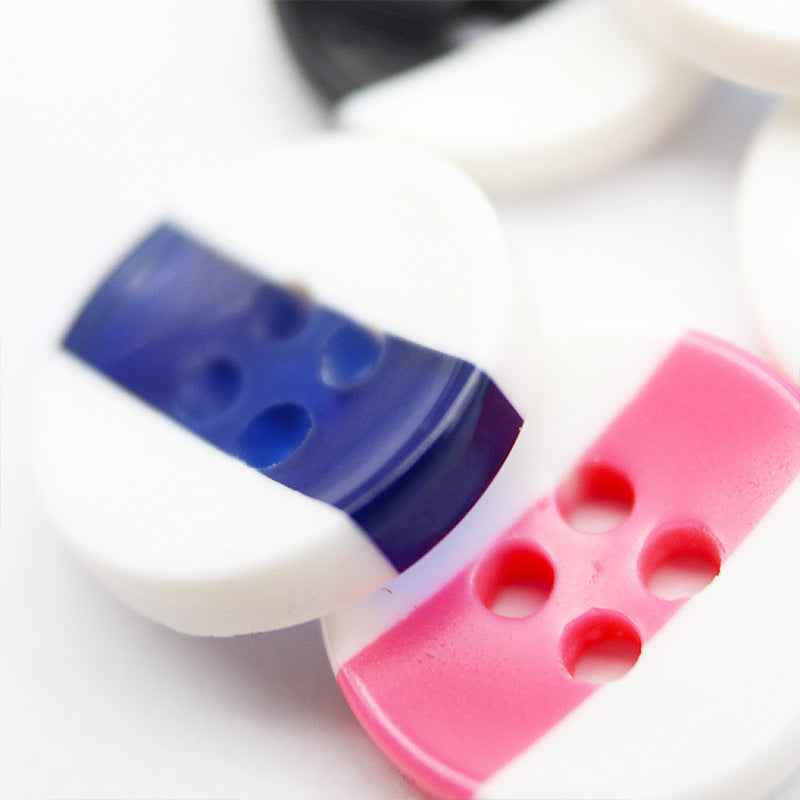 Dual-tone round resin button, 4-hole: pink and dark blue tops on white bases