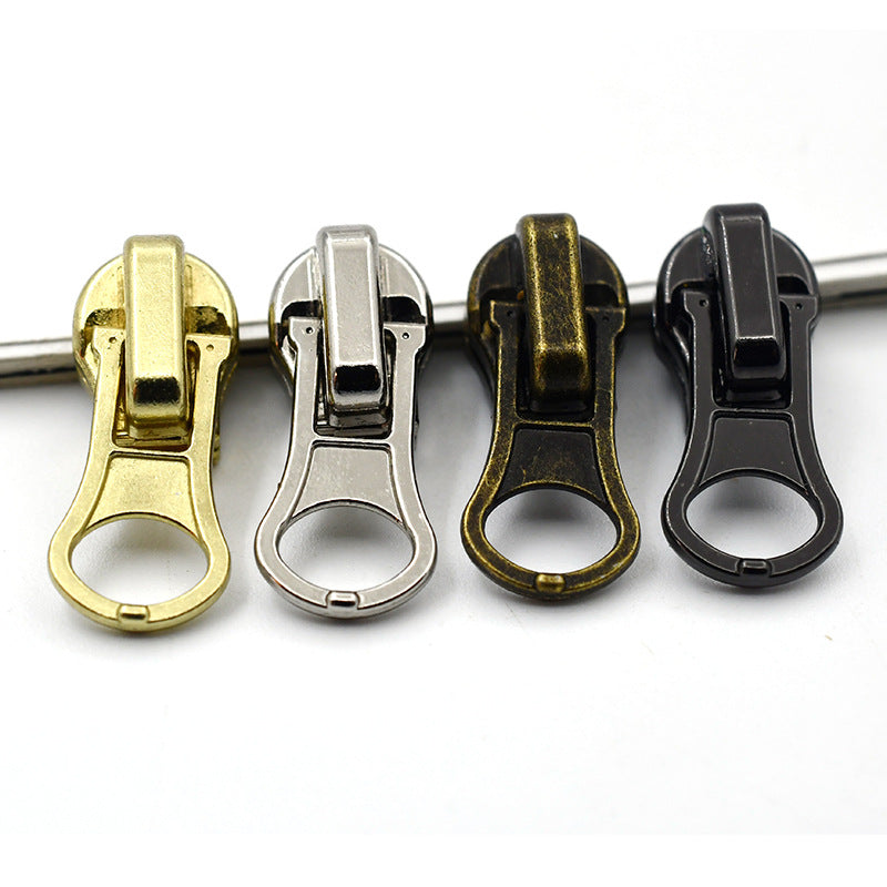 Heavy-duty metal zipper pulls (#4) in mixed finishes—gold, silver, bronze, and black