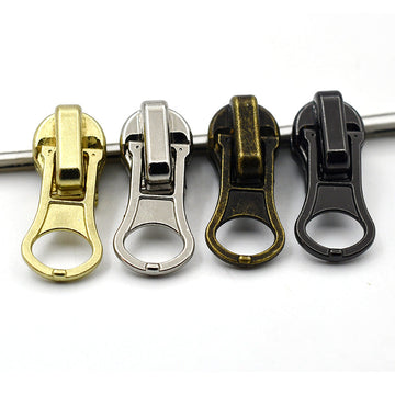 Heavy-duty metal zipper pulls (#4) in mixed finishes—gold, silver, bronze, and black