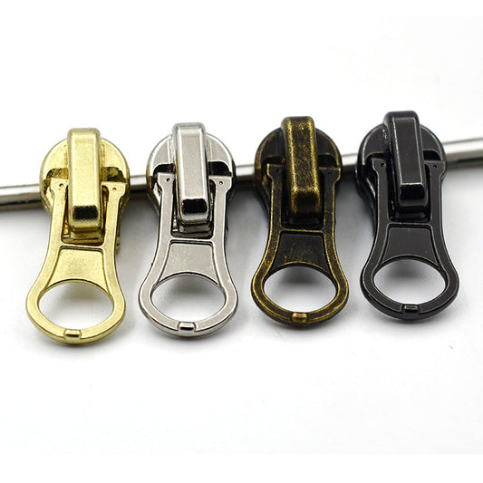 Heavy-duty metal zipper pulls (#4) in mixed finishes—gold, silver, bronze, and black