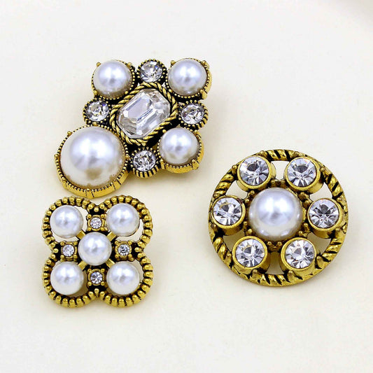 Gold baroque pearl & rhinestone buttons: oval and round motifs with crystals