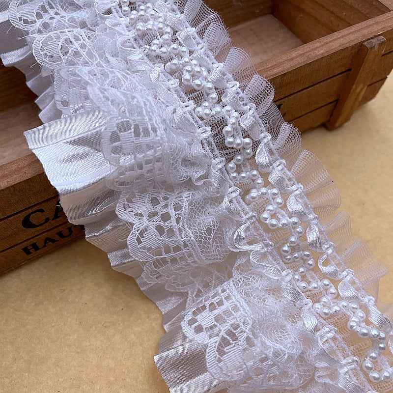 7.5cm white Lolita lace ruffle trim with satin folds and pearl bead accents