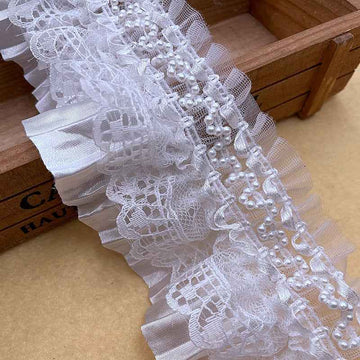 7.5cm white Lolita lace ruffle trim with satin folds and pearl bead accents