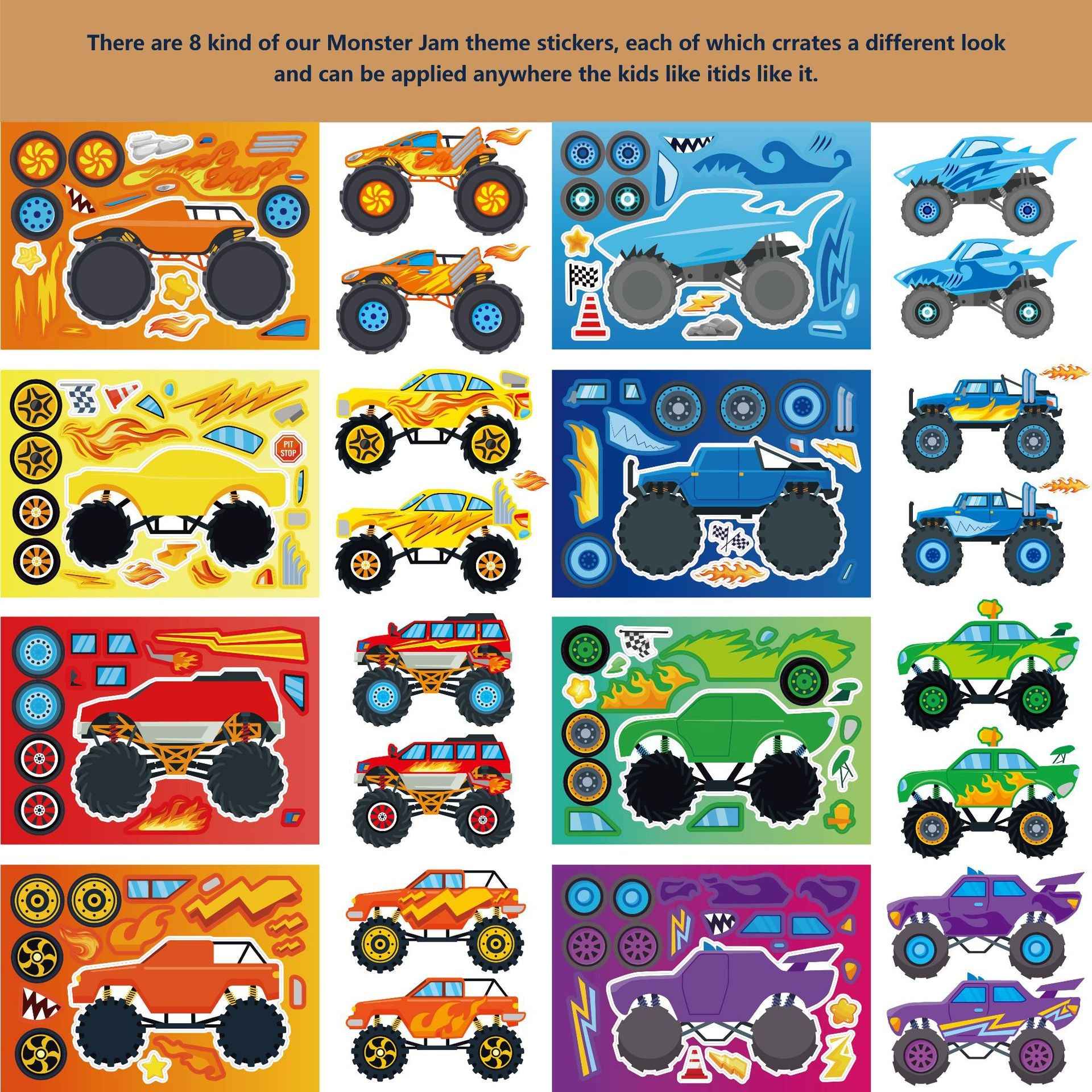 Make a Face Cartoon Monster Truck DIY Stickers for Kids 24 Sheets