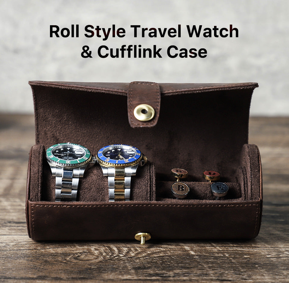 Vintage Leather 2-Slot Cylindrical Watch Button Box Case