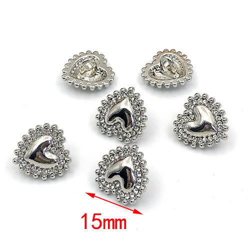 15mm silver heart-shaped metal shank buttons with dark enamel center, 20 pcs