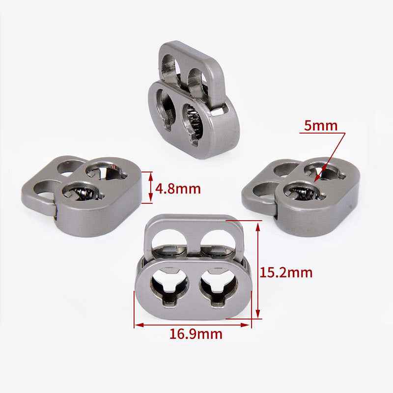 2-hole cord lock dimensions: 16.9mm wide, 15.2mm high, 5mm thick, 4.8mm gap