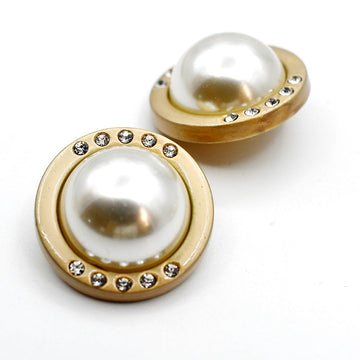 Gold-tone round pearl button with diamond-like rhinestones, metal shank—2 shown