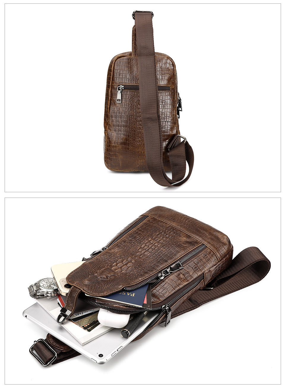 Alligator Print Leather Men's Crossbody Sling Bag Chest Pack