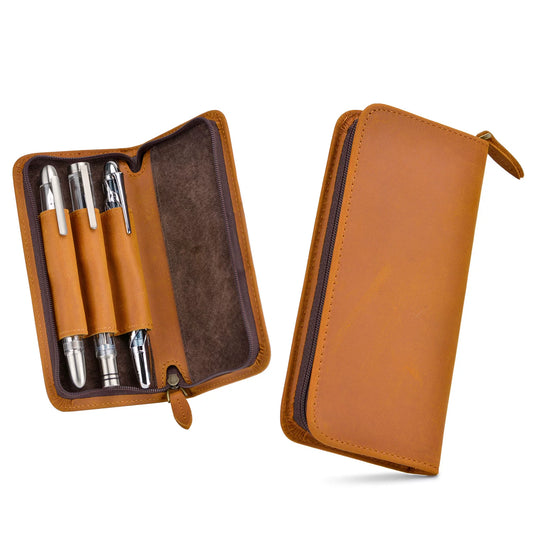 Asvine 3-Pen Crazy Horse Leather Zipper Fountain Pen Case Yellow Brown