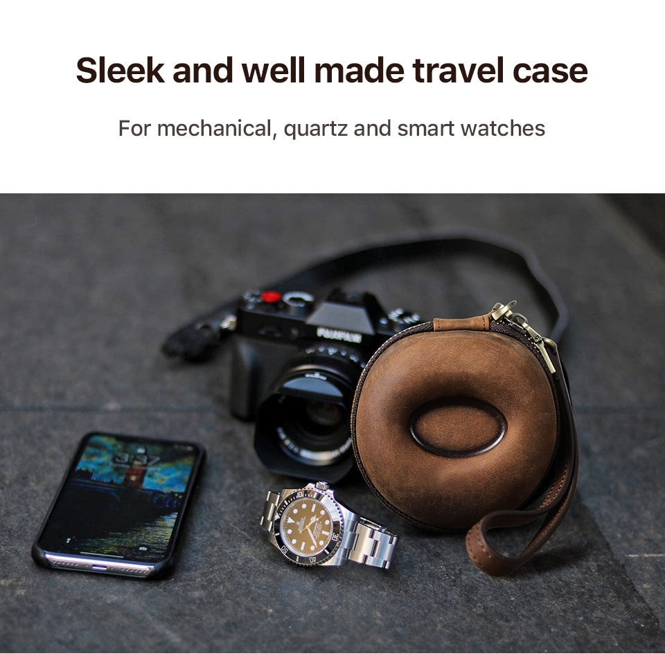 Vintage Round Leather Single Watch Case Box with Removable Wrist Cushion