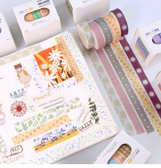 Zestaw tematycznych taśm washi do journalingu i scrapbookingu | 12 pudełek × 5 rolek | 10 mm × 2 m | Taśma naklejkowa do planera