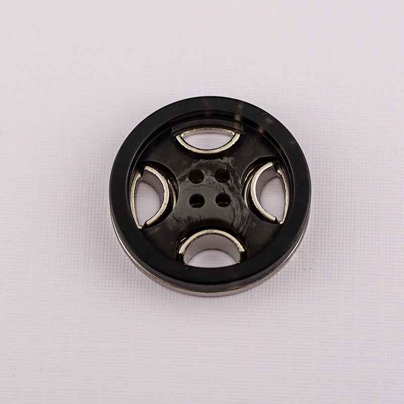 Round 4-hole resin-metal coat button, black with four holes and gold-tone rim