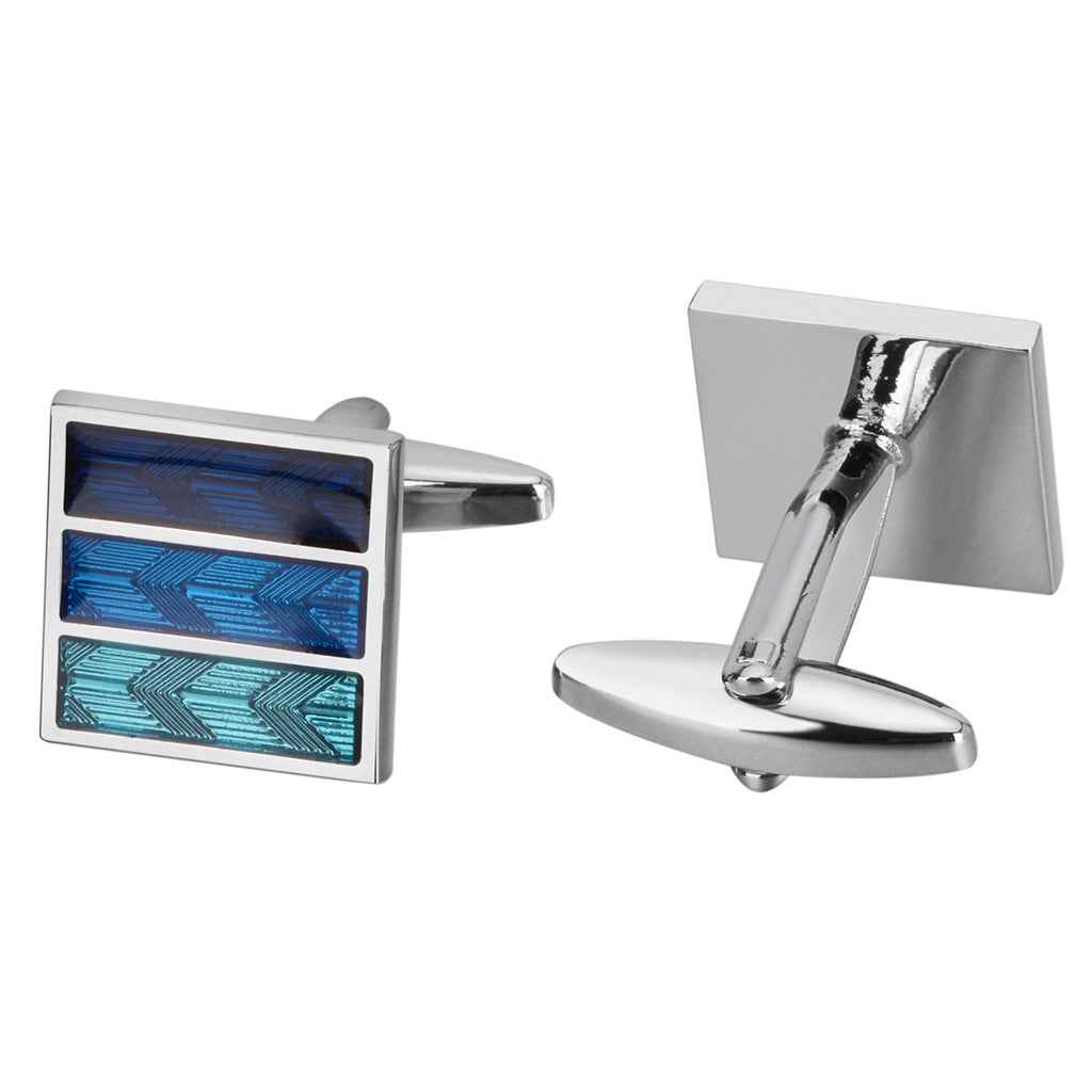 Square blue cufflinks with brushed silver frame and hinged back bar