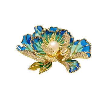 Enamel peony brooch pin with blue and green petals, gold accents, pearl center