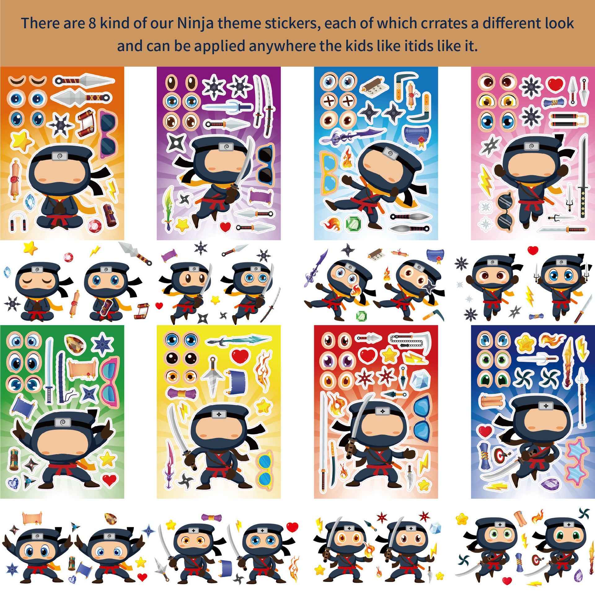 Make a Face Anime Mini Ninjas DIY Stickers for Kids 24 Sheets
