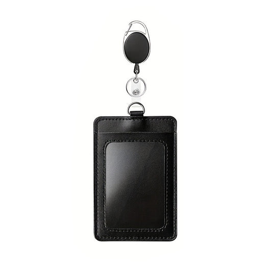 Black PU Leather ID Card Holder Set of 10 | Work Badge & Access Card Sleeve with Lanyard or Retractable Reel Clip Retractable Reel Clip