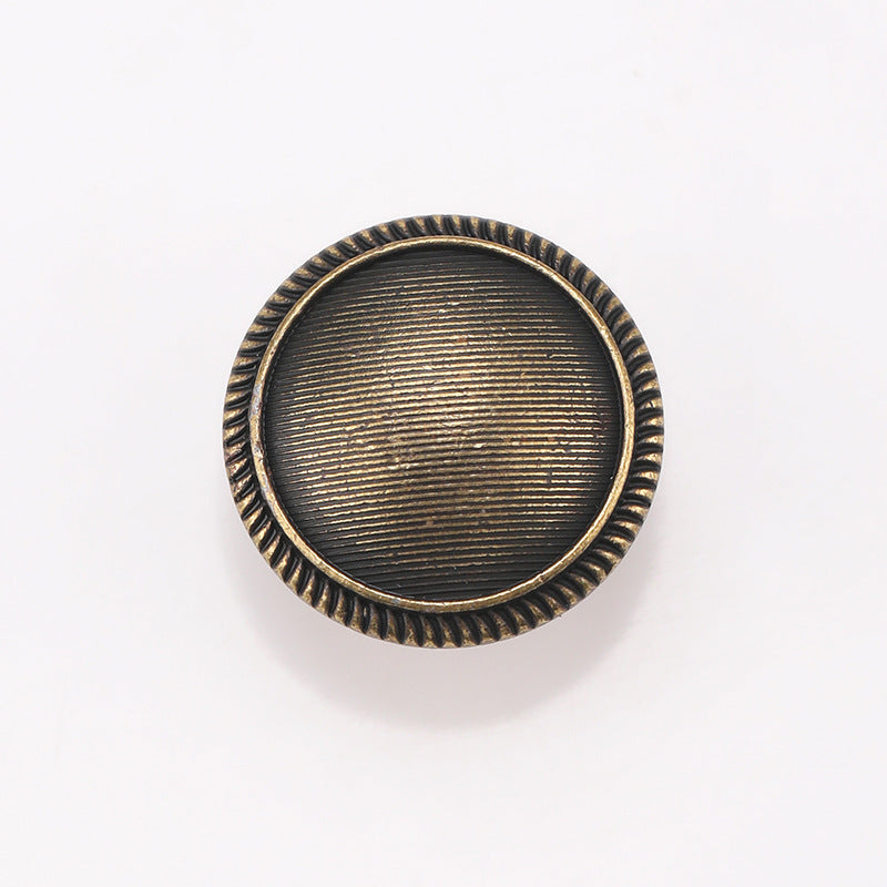 Round striped metal shank button front, antique bronze finish