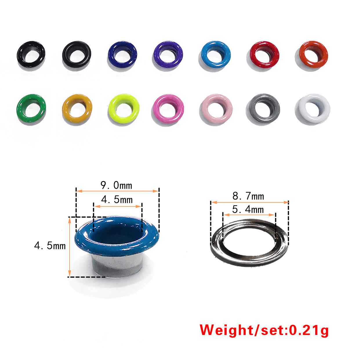 Shoe eyelets hollow rivets size guide: 9.0mm outer, 4.5mm inner, 4.5mm height
