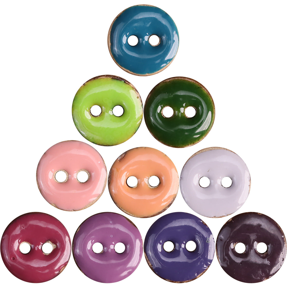 Coconut shell oil-drop round 2-hole buttons, mixed greens, blues, pinks, purple, orange