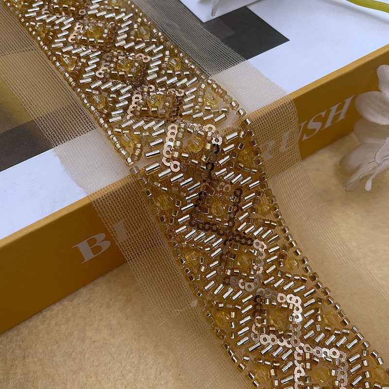 Gold mesh beaded sequin lace trim, 3.5 cm, ornate oval pattern