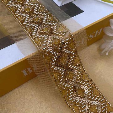 Gold mesh beaded sequin lace trim, 3.5 cm, ornate oval pattern