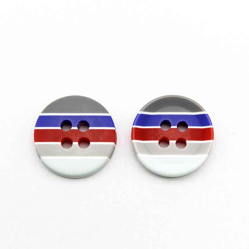 Round resin buttons with blue, red, and white horizontal stripes, four holes
