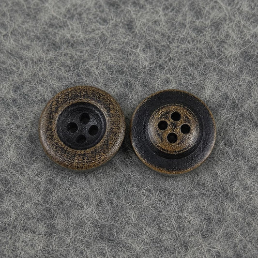 Dark brown round concave 4-hole wooden buttons, two pieces