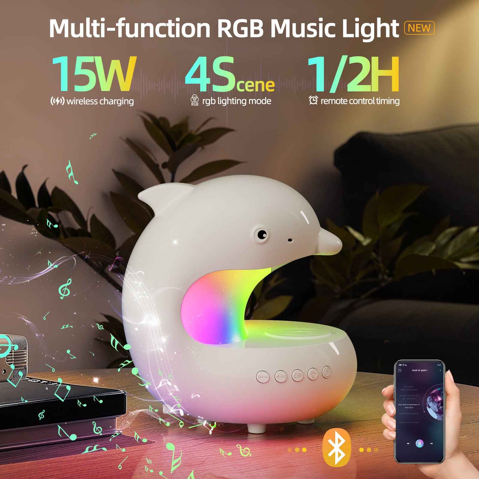 Dolphin Night Light with Wireless Charger & Bluetooth Speaker