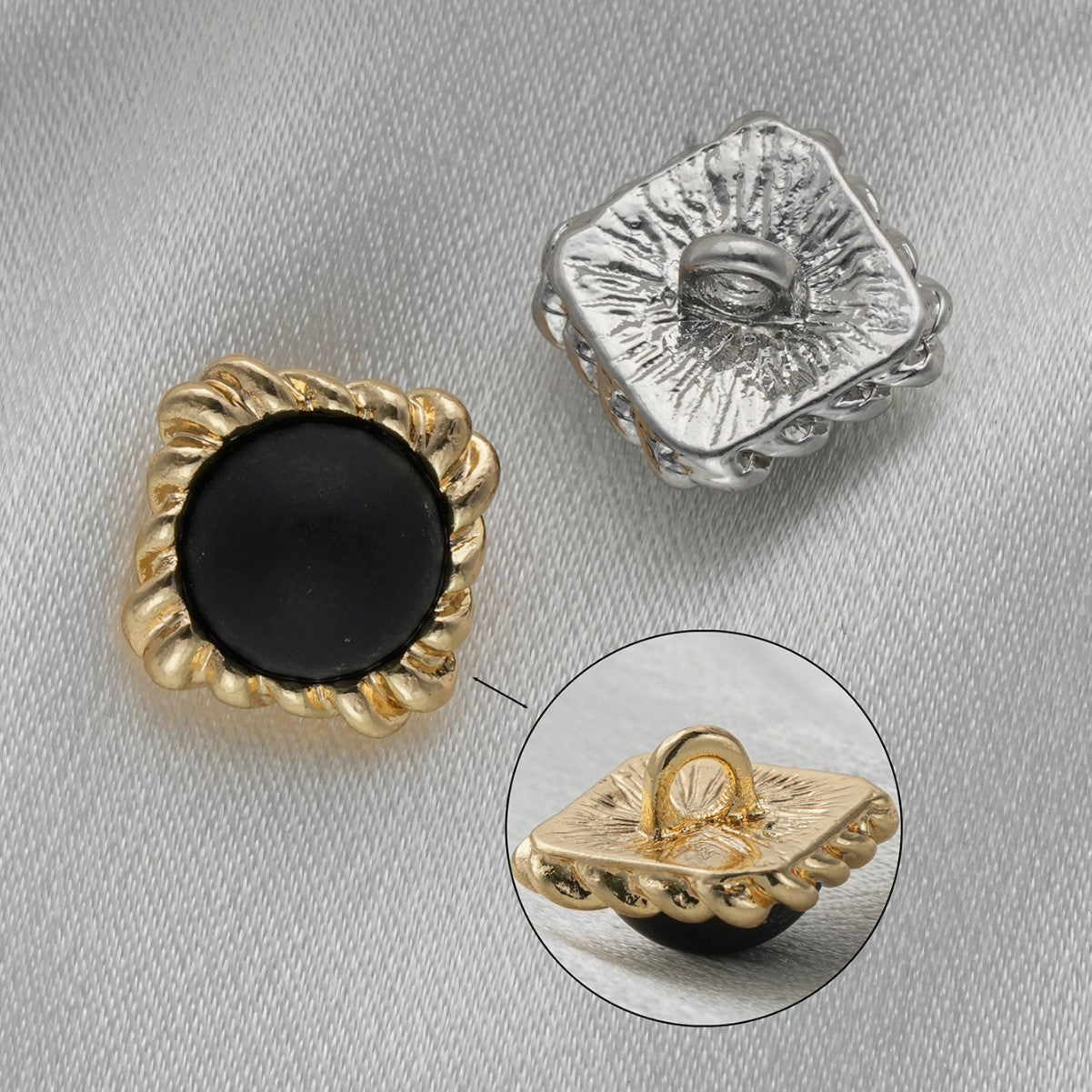 Back view of square black pearl buttons: metal shank loop, gold and silver