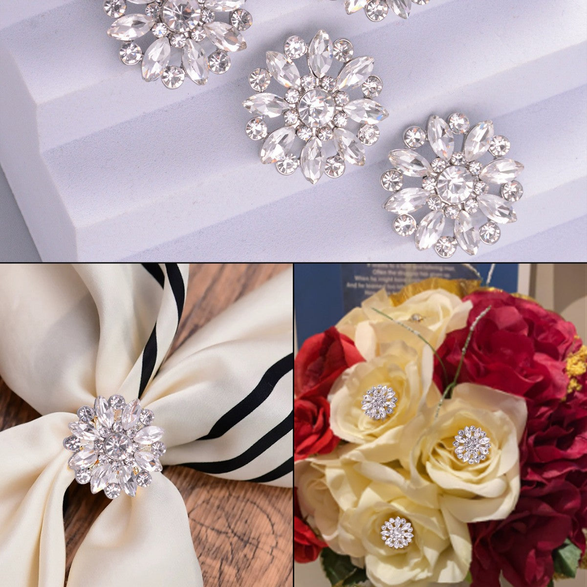 White crystal flower rhinestone shank buttons, close-up display