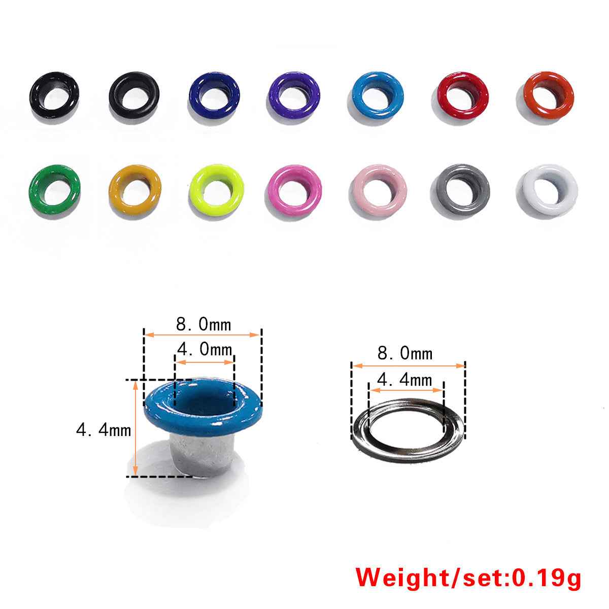 Shoe eyelets hollow rivets size guide: 8.0mm outer, 4.0mm inner, 4.4mm height