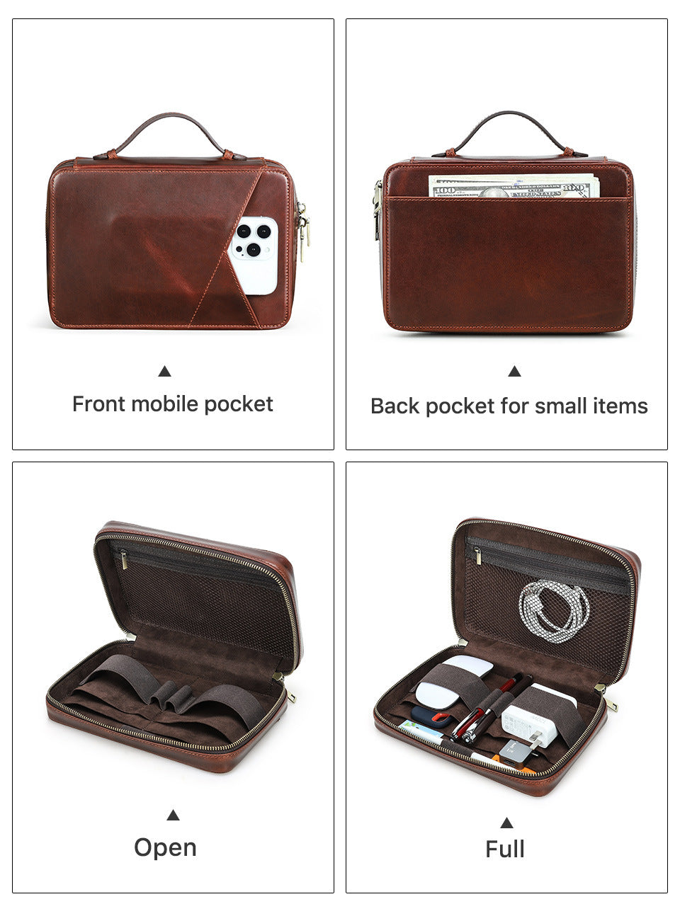 Full-Grain Cowhide Leather Tech Organizer Bag Cable & Digital Accessories Pouch